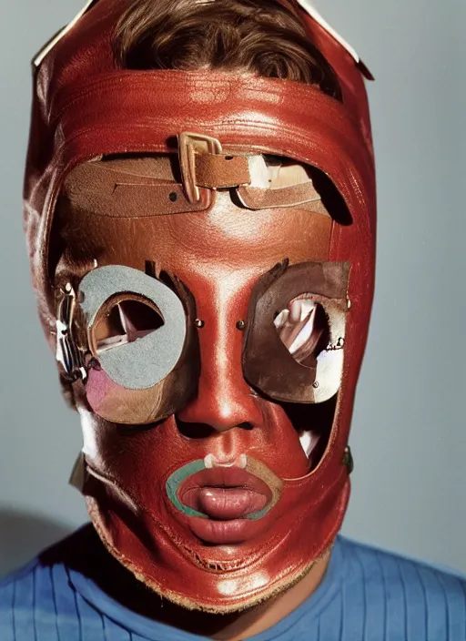 Prompt: a fashion portrait photograph by david lachapelle of a man wearing a leather mask designed by joseph albers, 3 5 mm, color film camera, studio lighting, pentax
