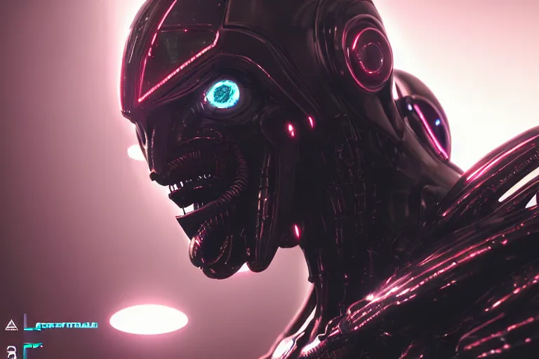 Image similar to cyberpunk alien concept inspired evil robot, futuristic look, highly detailed body, very powerful, photorealistic camera shot, bright studio setting, studio lighting, crisp quality and light reflections, unreal engine 5 quality render