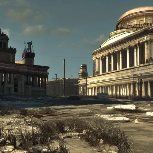 Image similar to Bolshoi Theater, Moscow in ruins post-nuclear war in Fallout 4, in game screenshot