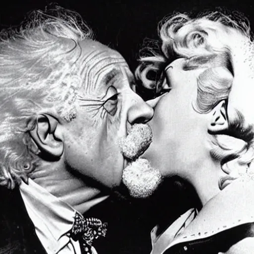 Prompt: Marylin Monroe kissing Albert Einstein, hyper realism, accurate, 3d