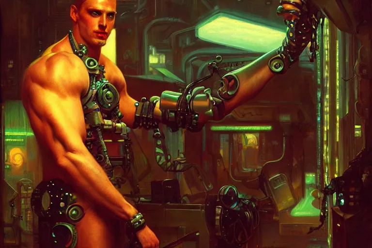 Prompt: cyberpunk style, attractive muscular male with tattoo, robotic arm, neon lights, cool tint, painting by gaston bussiere, craig mullins, j. c. leyendecker, tom of finland