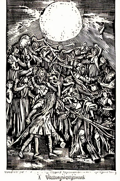 Image similar to a beautiful woodcut print of walpurgisnacht, 8 k, by vladimir zimikov