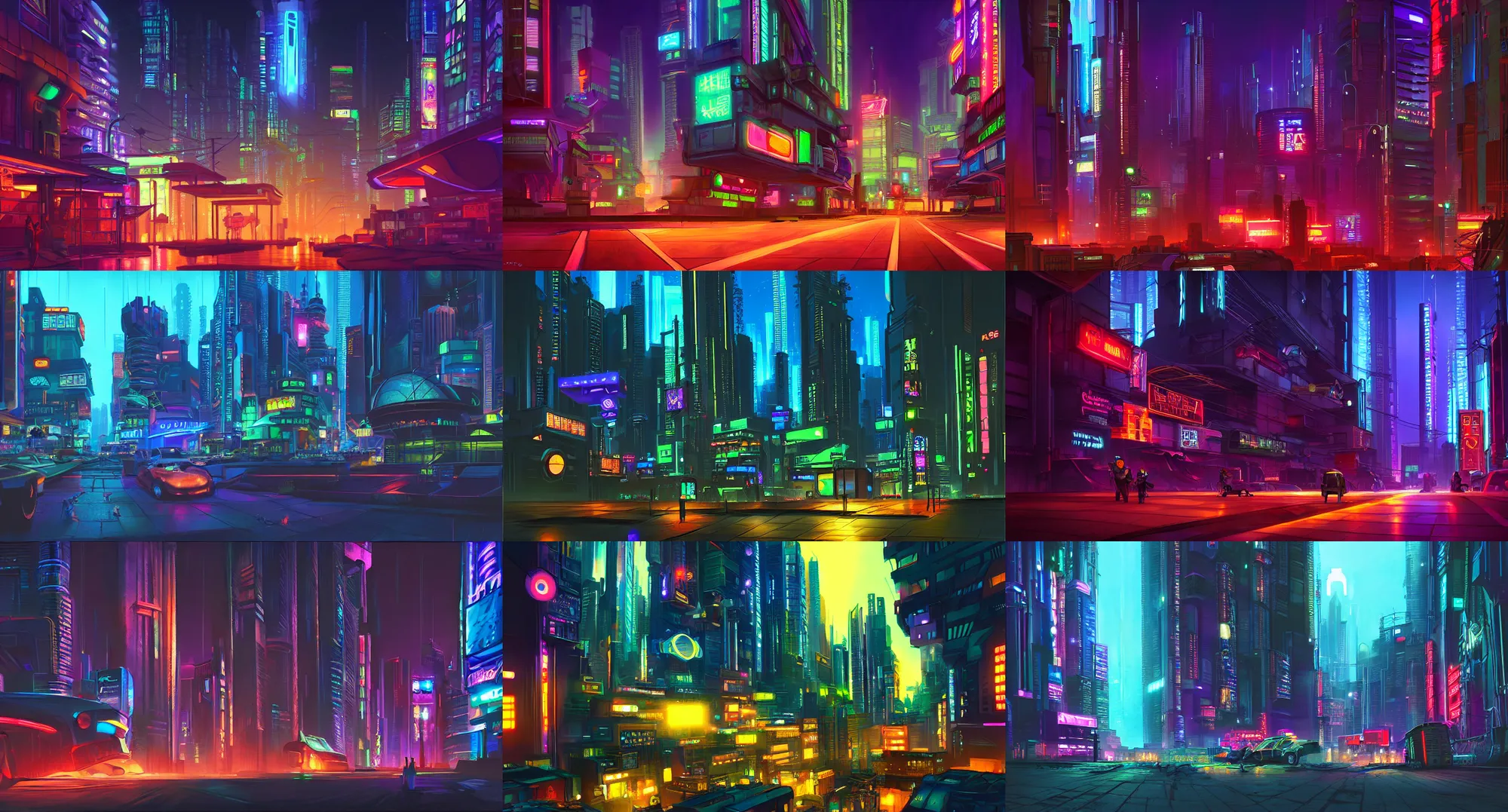 Prompt: Cyberpunk city at night, realistic lighting, pixar color script painting by Lou Romano, Dreamworks, Disney Pixar, acescg colorspace
