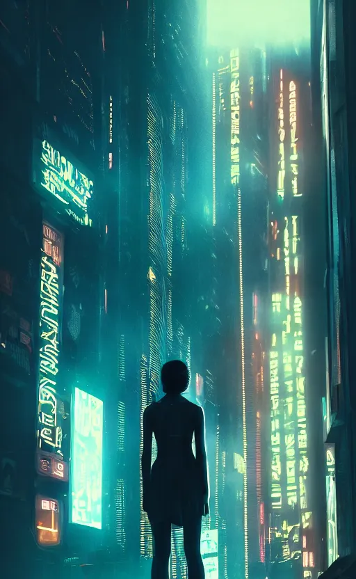 Prompt: vertical movie frame portrait of girl in blade runner 2 0 4 9 bedroom interior, neon - decorated urban on night in the city seen through the window, cyberpunk interior design, architectural design, vintage, night blade runner, dark, postapocalyptic, clean lines, 4 k, octane, asian futuristic city at distance, big windows, octane, wide angle