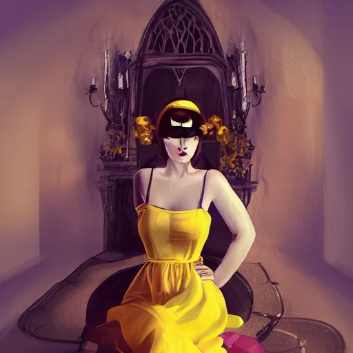 Prompt: a woman wearing a yellow dress with one leg revealed, detailed body and face with pink lips and blue eyes, gothic atmosphere, digital art, highly detailed, high contrast, beautiful lighting, award winning, trending on art station, photorealistic, 8 k,