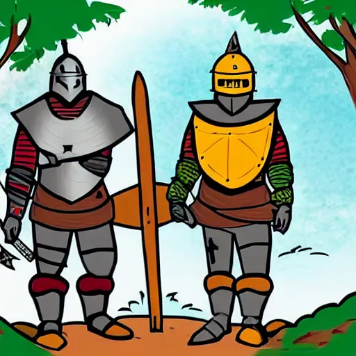 Prompt: A knight and his squire are walking along a forest path. A knight dressed in steel armor, and a squire with a spear and a bag of supplies. Beautiful cartoon style