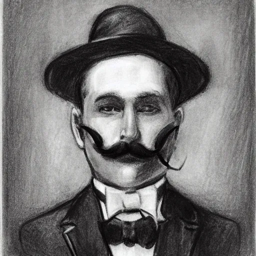 Prompt: charcoal sketch of an early 20th century occult detective from the german empire, mustache, bow tie
