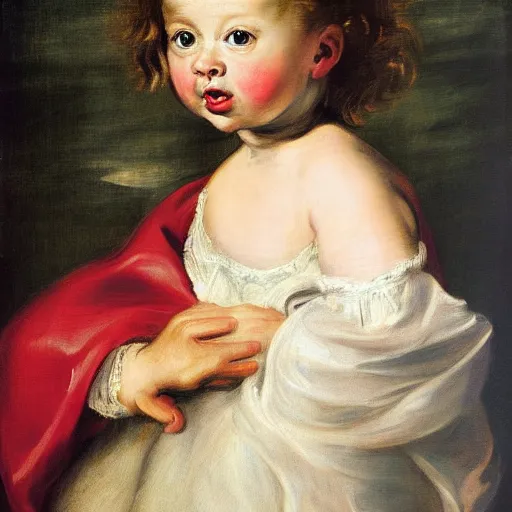 Image similar to painting of cute girl, full stature, in style of rubens, photorealistic