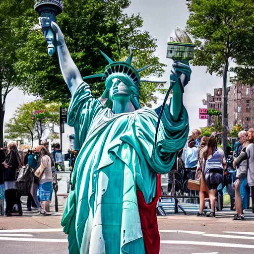 Image similar to the statue of liberty comes alive and invades new york city