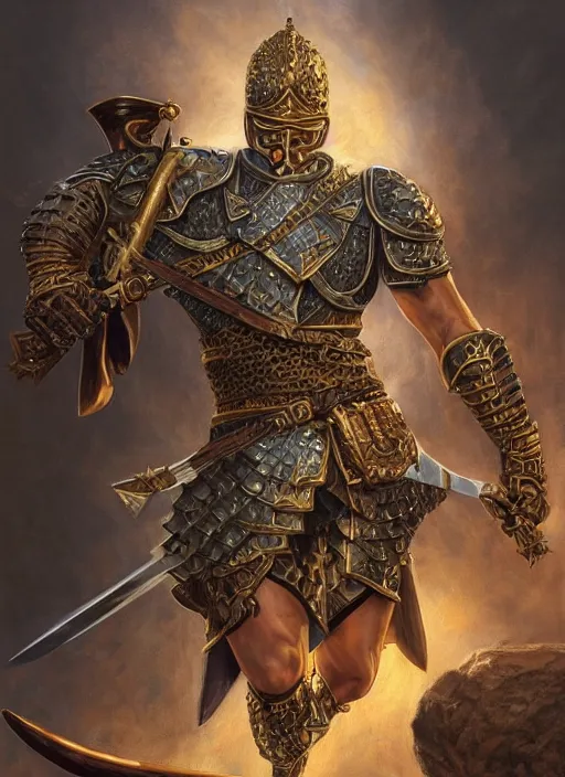 Image similar to strong gladiator holding legendary sword, fantasy, man, gilded shiny armour, intricate, highly detailed, digital painting, artstation, concept art, wallpaper, smooth, sharp focus, illustration, illumination, raytracting, art by larry elmore, jeff easley, clyde waldwell, keith parkinson, daniel r horne