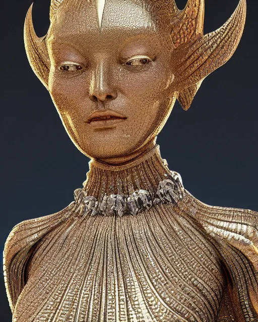 Image similar to a highly detailed metahuman 4 k close up render of an alien goddess bella hadid monument renaissance in iris van herpen dress schiaparelli in diamonds crystals swarovski and jewelry iridescent in style of alphonse mucha gustav klimt trending on artstation made in unreal engine 4