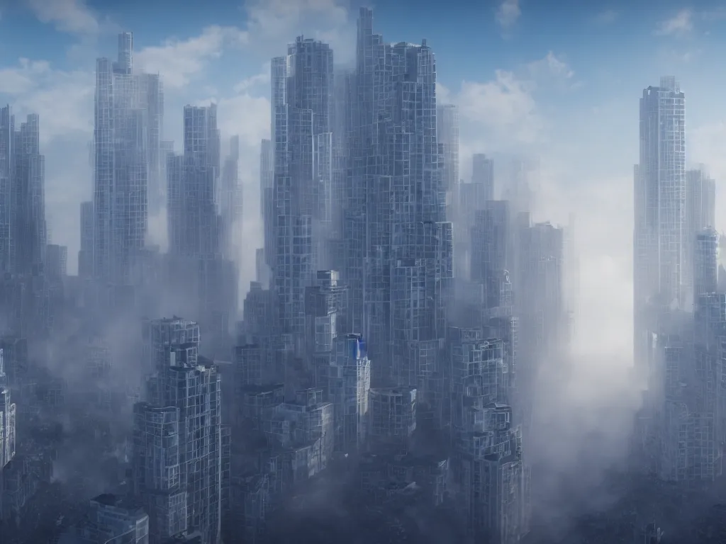 Image similar to High-rise buildings, blue sky, white fog fills the earth, hdr, ue5, unreal engine 5, cinematic 4k wallpaper, ultra detailed, high resolution, artstation, award winning.