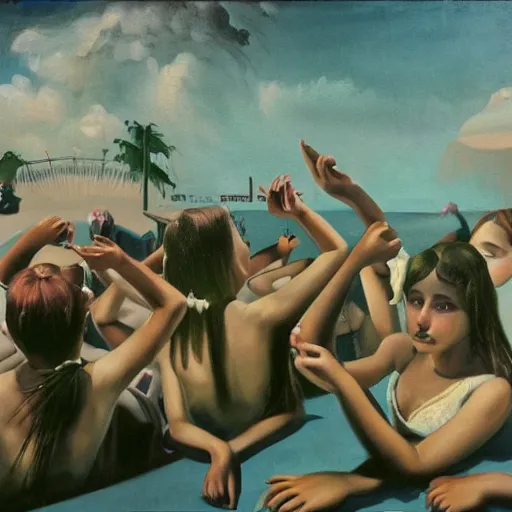 Prompt: famous oil painting of girls comb their hair in rear view mirrors, boys try to look tough, the amusement park rises bold and stark, kids are huddled on the beach in a mist, by neo rauch