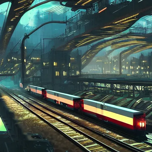 Image similar to Immense industrial futuristic cargo train arrives at cyber punk city station, cinematic lighting,