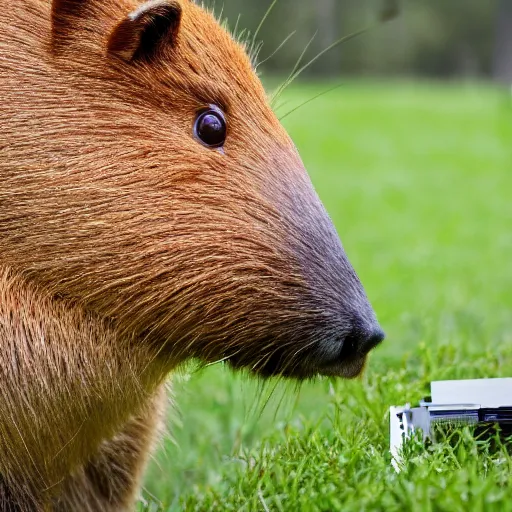 Image similar to photo of a capybara eating a nvidia gtx 1 9 9 0 graphic card, eos - 1 d, f / 1. 4, iso 2 0 0, 1 / 1 6 0 s, 8 k, raw, unedited, symmetrical balance, in - frame, award - winning