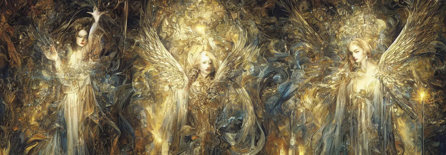 Prompt: angels on worshiping a light, shining lights, god rays, glass structures by by Karol Bak, Ayami Kojima, Amano and Olivier Ledroit