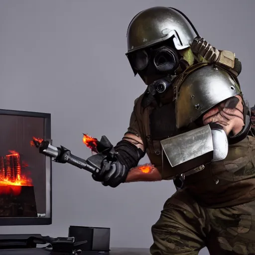 Image similar to angry man in juggernaut armor burning a desktop tower pc with a military flamethrower