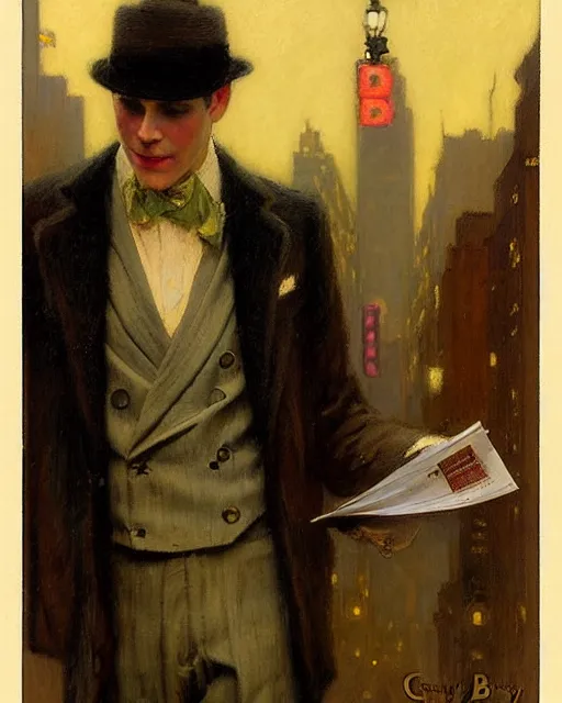 Prompt: attractive man handing out flyers to a broadway show, 1 9 2 0 s new york city, broadway, melancholy, nostalgia, painting by gaston bussiere, craig mullins, j. c. leyendecker