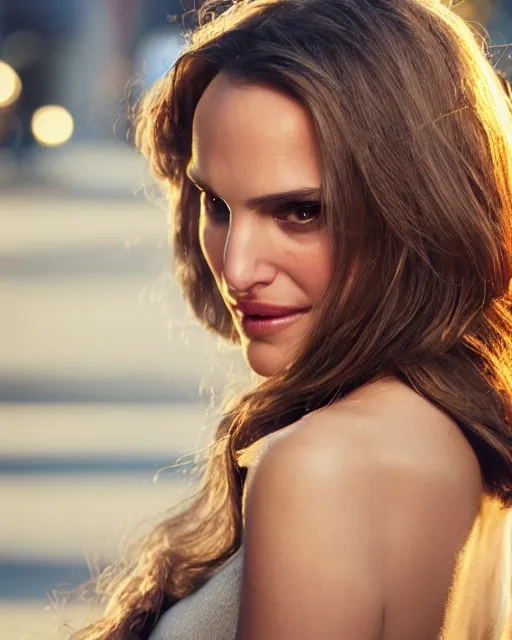 Image similar to Beautiful Head and shoulders portrait of confident flirty Natalie Portman with straight long brown hair, by Zoë Mozert , Stephen Wayda , alberto Vargas, arney freytag, artstation, 35mm, fashion photoshoot, posing in an urban street, golden hour, bokeh, rim lighting, fashion pose, octane, 4k