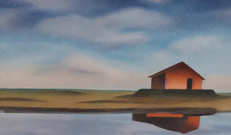 Prompt: A serene landscape with a singular building in the style of Marco Bucci.