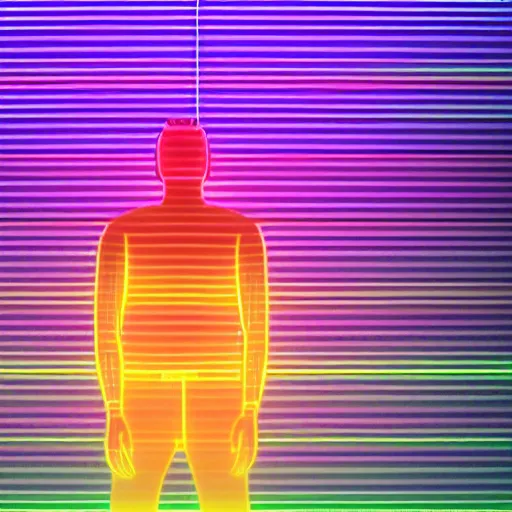 Image similar to a cinema c 4 d 3 d render of a small silhouette of a man standing in front of orange, green and cyan neon glowing vertical stripes by beeple, trending on artstation, 8 k resolution