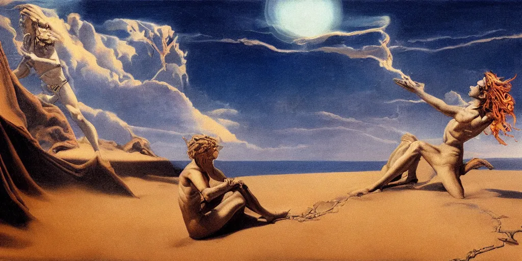 Prompt: solitude of beautiful Sand Deity, under surreal catastrophic sky, in the style of Frank Frazetta, Jeff Easley, Caravaggio, extremely clear and coherent, clear lines, 8K resolution