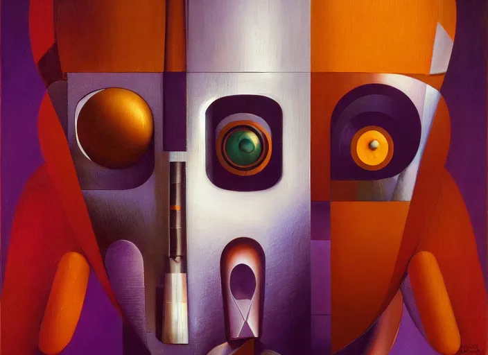 Image similar to asymmetrical portrait headshot of sci fi metallic human, bright eyes, melancholic complex geometric figure liminal biomechanical by oskar schlemmer, moebius, john berkey, film grain, oil on canvas, portrait facial head, featured on artstation, hd wallpaper, 8 k, bright colors, global radiant light