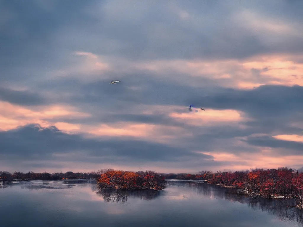 Prompt: rosy clouds fly with lone mallards side by side, autumn waters blend into the hues of th'vast sky, cinematic landscape ， on a snowy day, natural light, by xu beihong