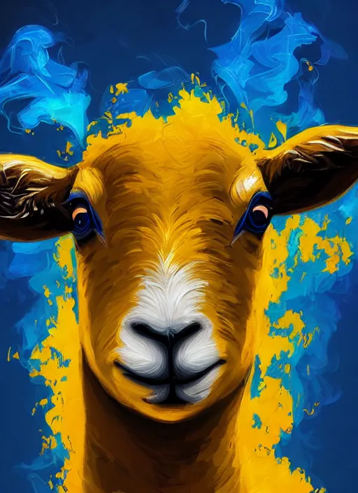 Image similar to a painting of a lamb's face with blue and yellow smoke coming out of, a digital painting by petros afshar, behance contest winner, digital art, behance hd, digital illustration, digital painting