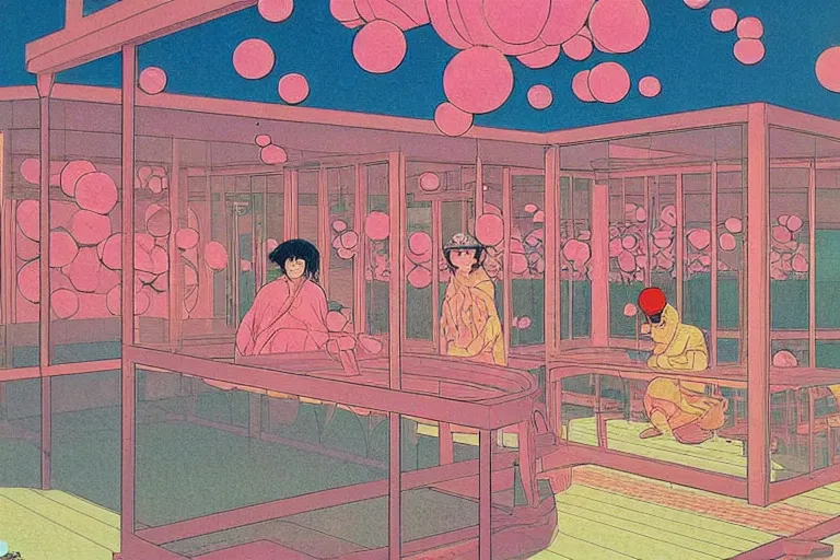 Prompt: gigantic faces that shoot pink lasers from the eyes, a lot of glass around, shrimps are all over the ground, acid and dreaming psychedelic hallucinations, by kawase hasui, edward hopper, satoshi kon and moebius, colorful flat surreal design, super - detailed, a lot of tiny details, fullshot