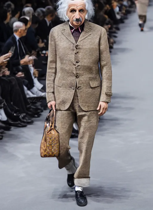 Image similar to hyperrealistic and heavy detailed louis vuitton runway show of albert einstein, leica sl 2 5 0 mm, vivid color, high quality, high textured, real life