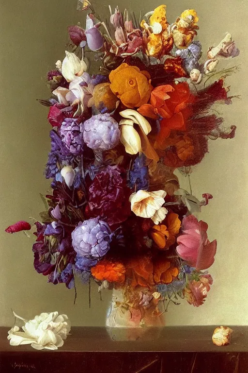 Image similar to painting of flowers in a vase on a table, a surrealist painting by rachel ruysch, trending on deviantart, pop surrealism, surrealist, biomorphic, made of flowers