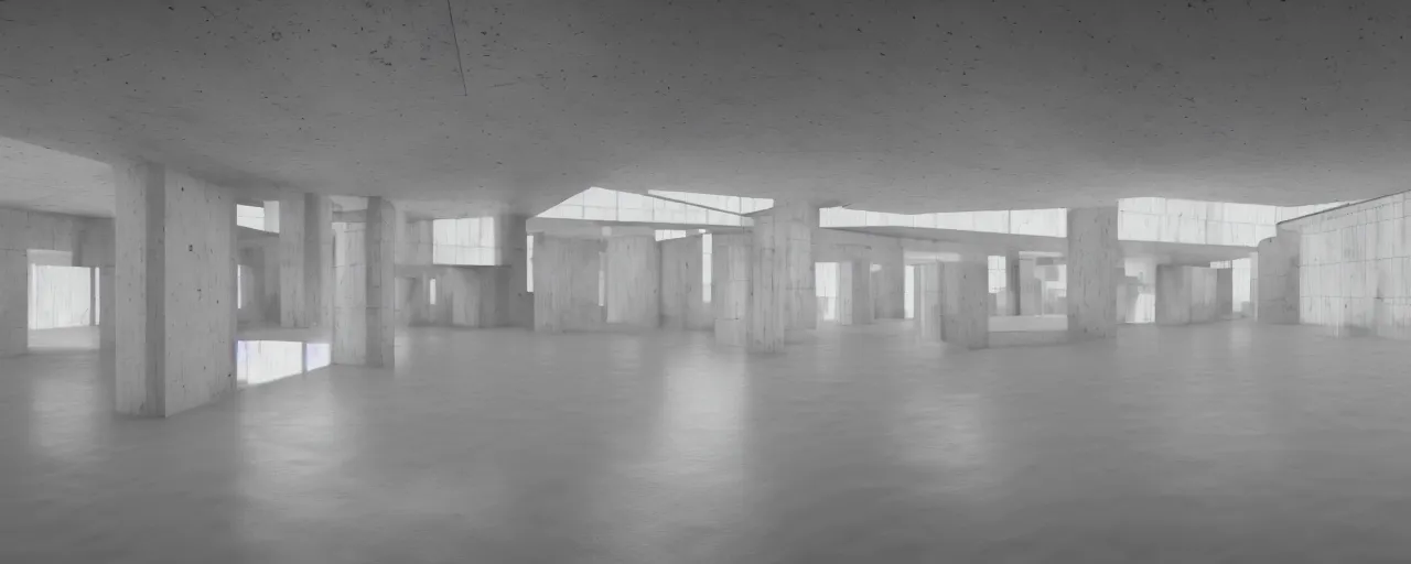 Prompt: White brutalist artistic art gallery with empty frames on the wall, stunning volumetric light, sunset, metal, concrete and translucent material, stunning lights, majestic architecture, trending on Artstation, 8k, photorealistic, hyper detailed, unreal engine 5, IMAX quality, cinematic, epic lighting, in the style of Greg Rutkowski
