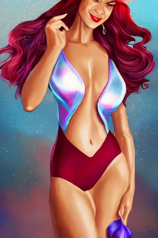 Prompt: beautiful elegant full body portrait of lexi rivera with color streaks in hair and wearing a sparkling cherry color one piece swimsuit, elegant hat and iridescent white silk cape, friendly seductive smile, felicia day, wlop, artgerm, artstation, backlit, marble background