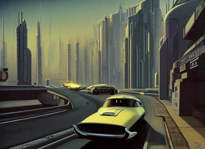 Image similar to a car driving down a street next to building the night, cyberpunk art by Chesley Bonestell, cgsociety, retrofuturism, matte painting, reimagined by industrial light and magic