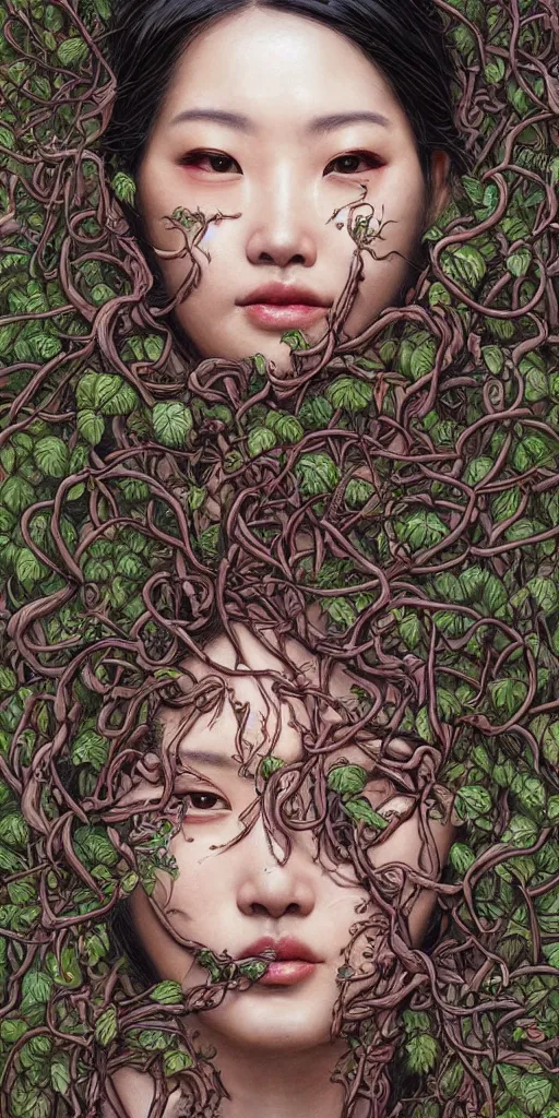 Image similar to very beautiful highly detailed and expressive oil painting of an asian woman's face dissolving into vines and plants by james jean, by kim jung gi, masterpiece, dynamic lighting, intricate linework, 8 k, flowers