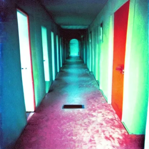 Prompt: Beautiful colored-photo cameraphone 2005 soft liminal Photograph of an infinite dark hallway pool