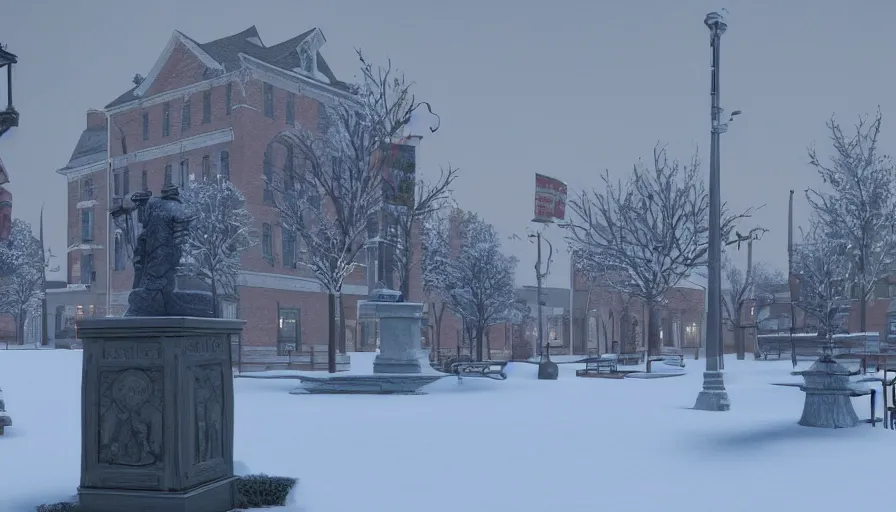 Image similar to small midwest town's square with statue under snow, winter, snow dunes, hyperdetailed, artstation, cgsociety, 8 k