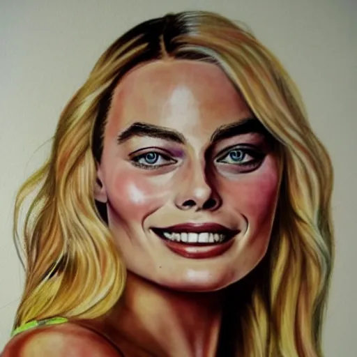 Prompt: children's drawing of margot robbie.