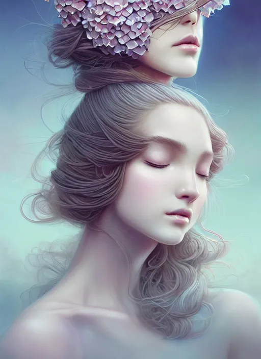 Image similar to a photographic portrait of a seductive sleeping anthropomorphic hydrangea blossom with a perfect face, fantasy, wind blowing hair, intricate, elegant, very very highly detailed, digital painting, artstation, concept art, smooth, super sharp focus, illustration, art by artgerm and greg rutkowski and fuji choko and viktoria gavrilenko and hoang lap