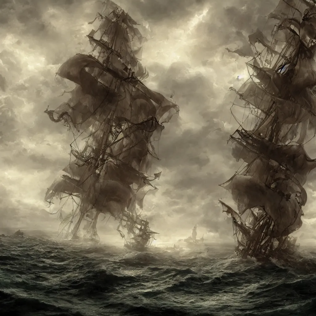 Image similar to A giant tentacle monster attacks a pirate ship at the edge of the world under a heavy rainstorm, 4k detailed digital art