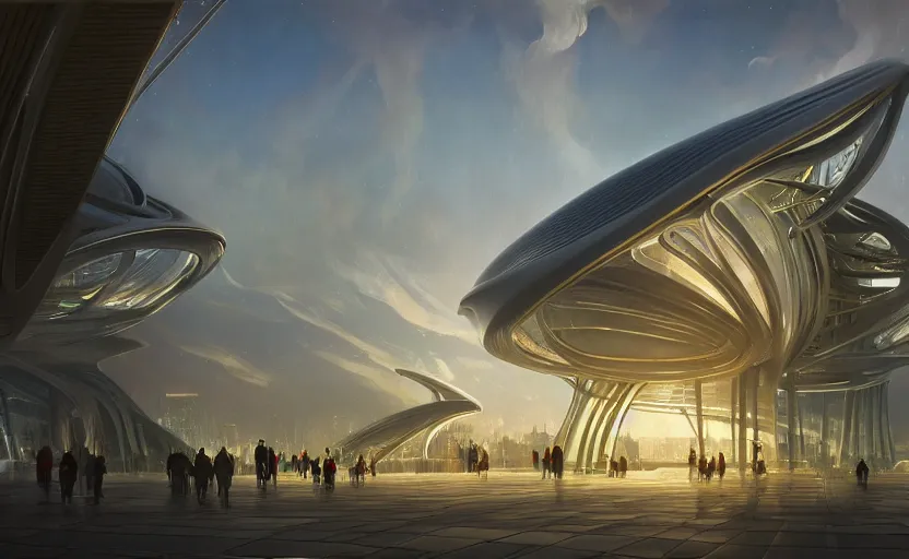 Image similar to exterior shot of utopian architecture transparent building with cinematic lighting by zaha hadid and renzo piano, darek zabrocki and greg ruthkowski, alphonse mucha, simon stalenhag, cinematic, stars, beautiful, holy place, paradise, scifi, futurism, atmospheric, concept art, artstation, trending on artstation