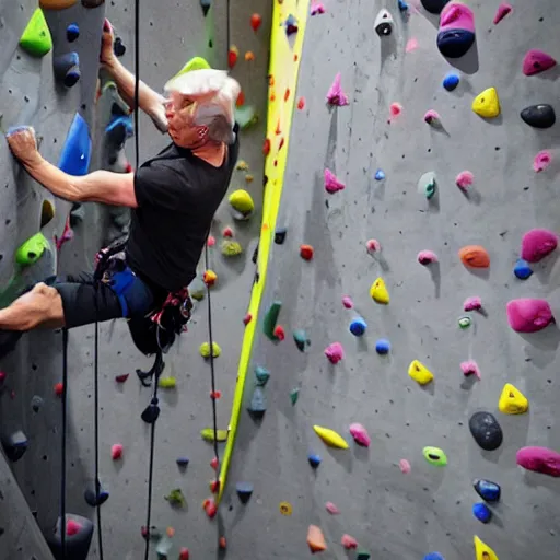Prompt: Donald trump climbing at the local climbing gym