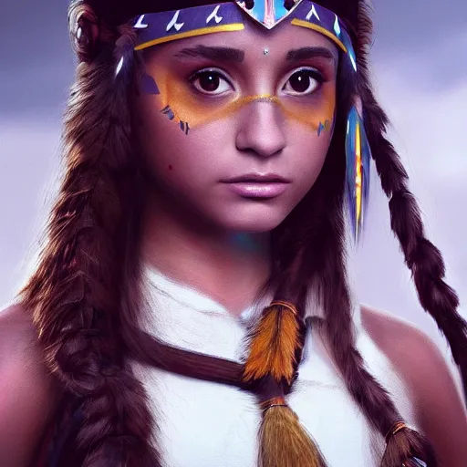 Image similar to ariana grande as a beautiful native american from 300 years ago with The Predator behind her, photography, moody lighting, artstation, realistic,