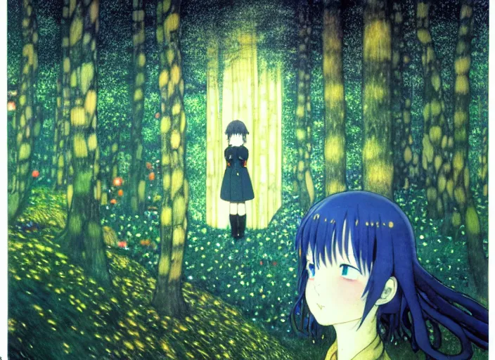 Prompt: a walk in the enchanted forest, mysticism, magic, dark, digital, concept art, Kyoto animation,last exile, blue submarine no. 6, katsura masakazu,tsutomu nihei gustav klimt,loish, murata range, kawaii, studio lighting, manga, bright colors, anime,, beautiful, 35mm lens,noir, vibrant high contrast, gradation, jean giraud, moebius, fantasy, rule of thirds, unreal engine, fibonacci, intricate, cel shaded, blender npr, flat, matte print, smooth, Ilya Kuvshinov