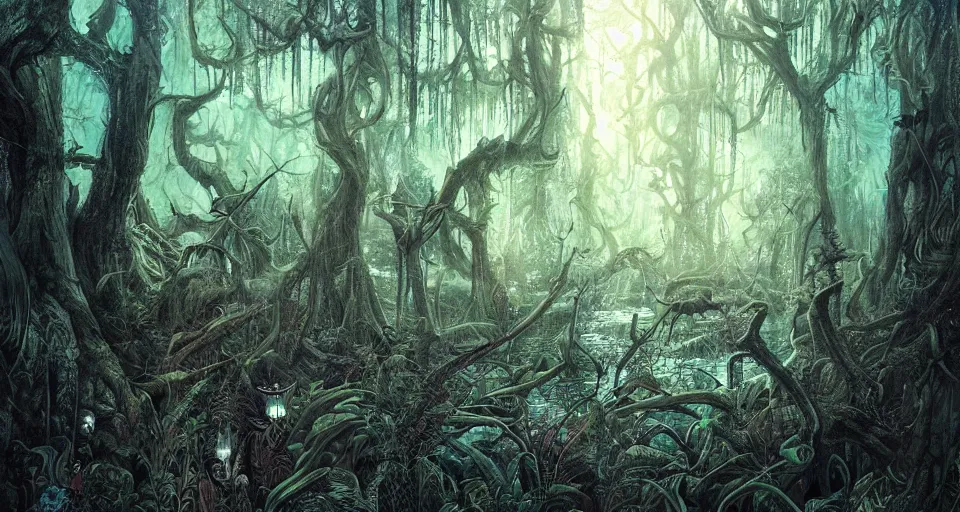 Image similar to A dense and dark enchanted forest with a swamp, by Android jones,