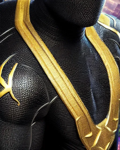 Image similar to photorealistic, hyperdetailed photograph of black spider - man suit with gold webbing by insomniac games