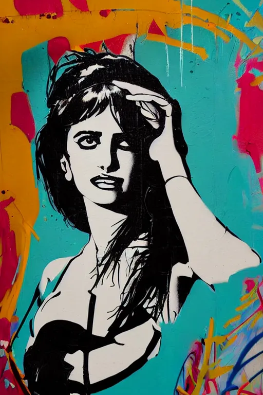 Image similar to graffiti, splash painting, portrait of penelope cruz, artwork by bansky