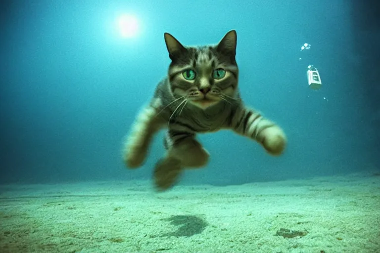Image similar to a cat dressed as a scuba diver swimming underwater, photo-realistic low lighting, creepy, vast, shot by a camera,