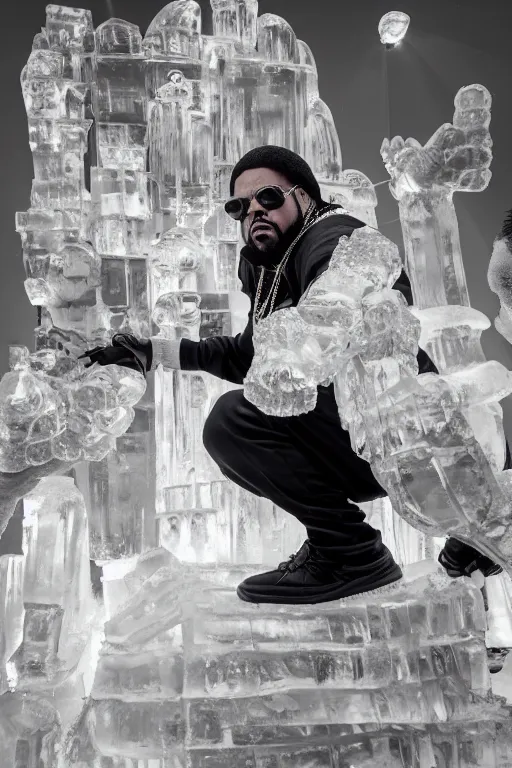 Image similar to dramatic photo, the rapper'ice cube'carving a full body ice sculpture of rapper'ice cube'at harbin ice festival, wide angle photo, award winning, artgerm, wlop, james gurney, trending on artstation